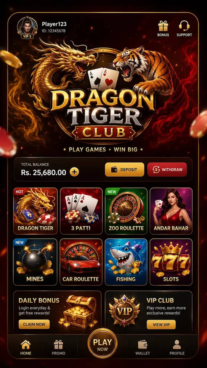 Dragon Tiger app screen showing the game lobby, wallet balance, and available games